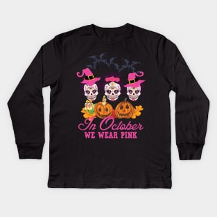 In October we wear pink halloween pumpkin gift Kids Long Sleeve T-Shirt